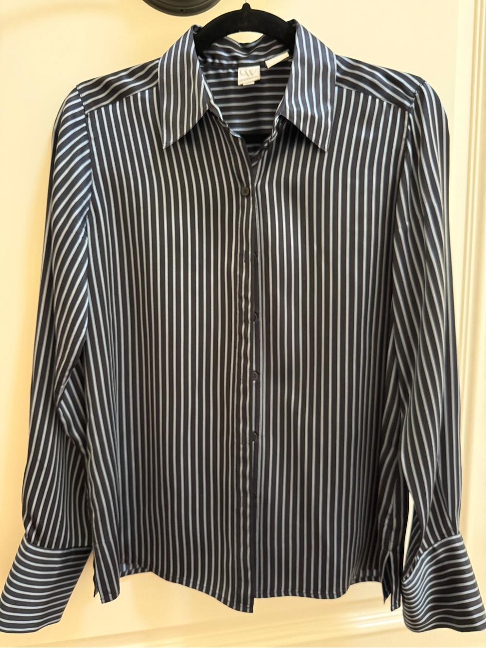 Vintage 100% Silk G.W. Petites Striped Satin Button Down Blouse Shirt